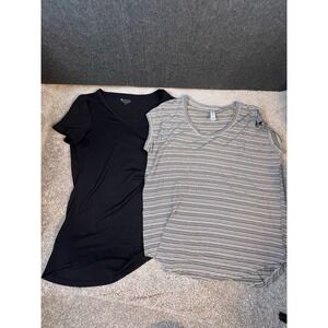 Lot Of 2! Athleta Black V Neck Tee Short Sleeve T-Shirt And Striped Short SZ Med